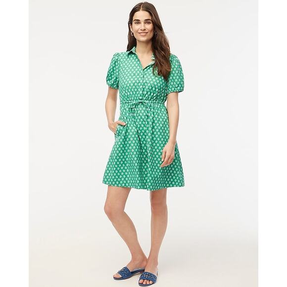 J Crew Green Floral Collared Short Sleeve Tie Waist Mini Dress - 4 - Picture 1 of 5